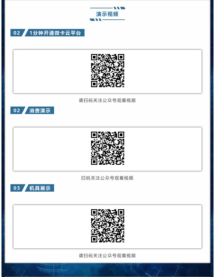演示視頻，1分鐘開通微卡云平臺、消費演示、機具展示