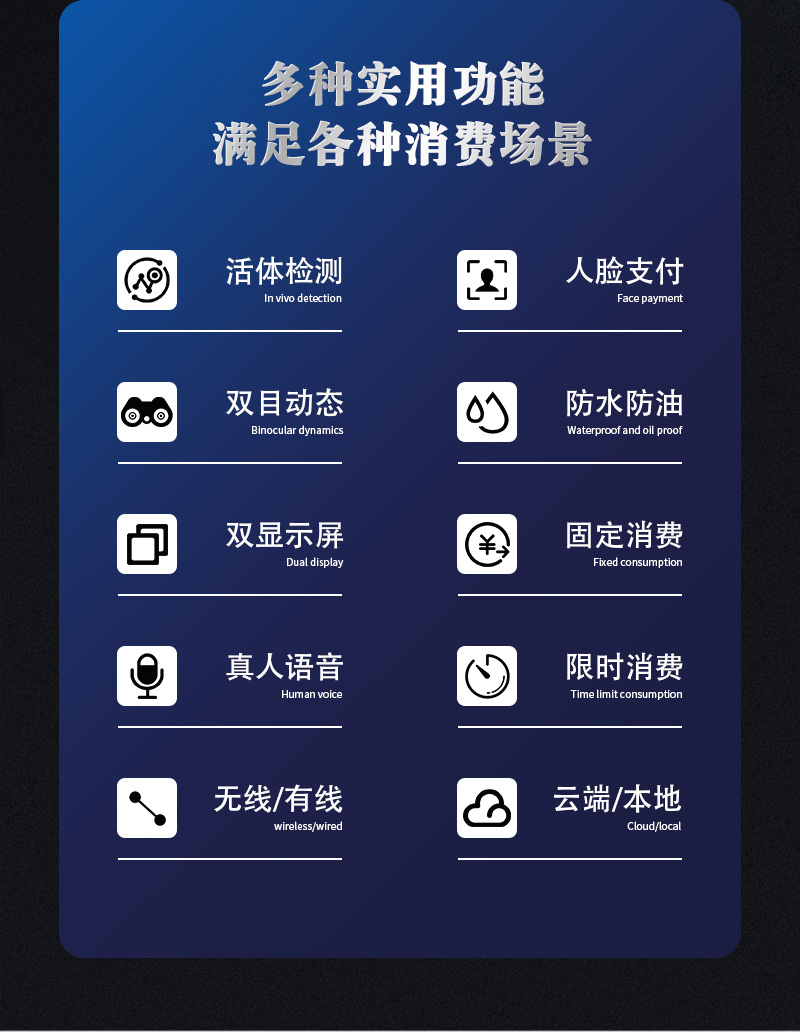 多種消費(fèi)實(shí)用功能，人臉支付、活體檢測(cè)、防水防油、固定消費(fèi)