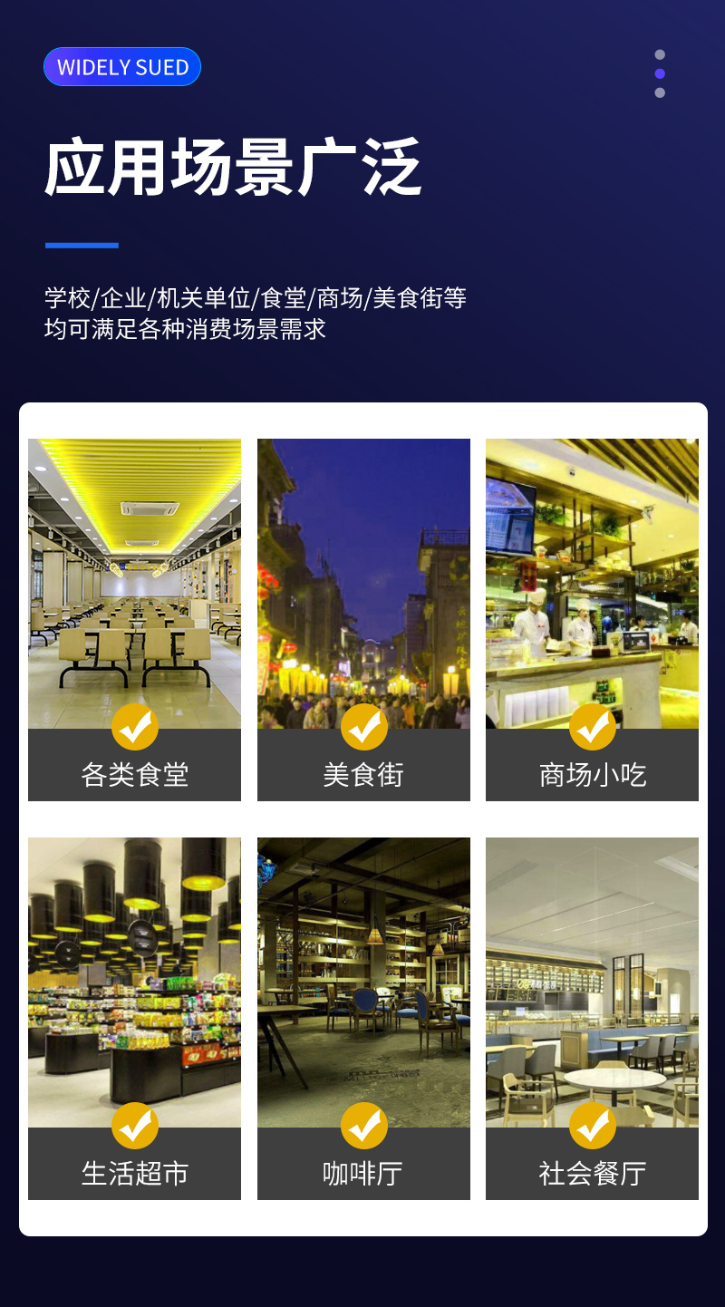 適用多種消費(fèi)場(chǎng)景，食堂、美食街、商場(chǎng)、超市、餐廳